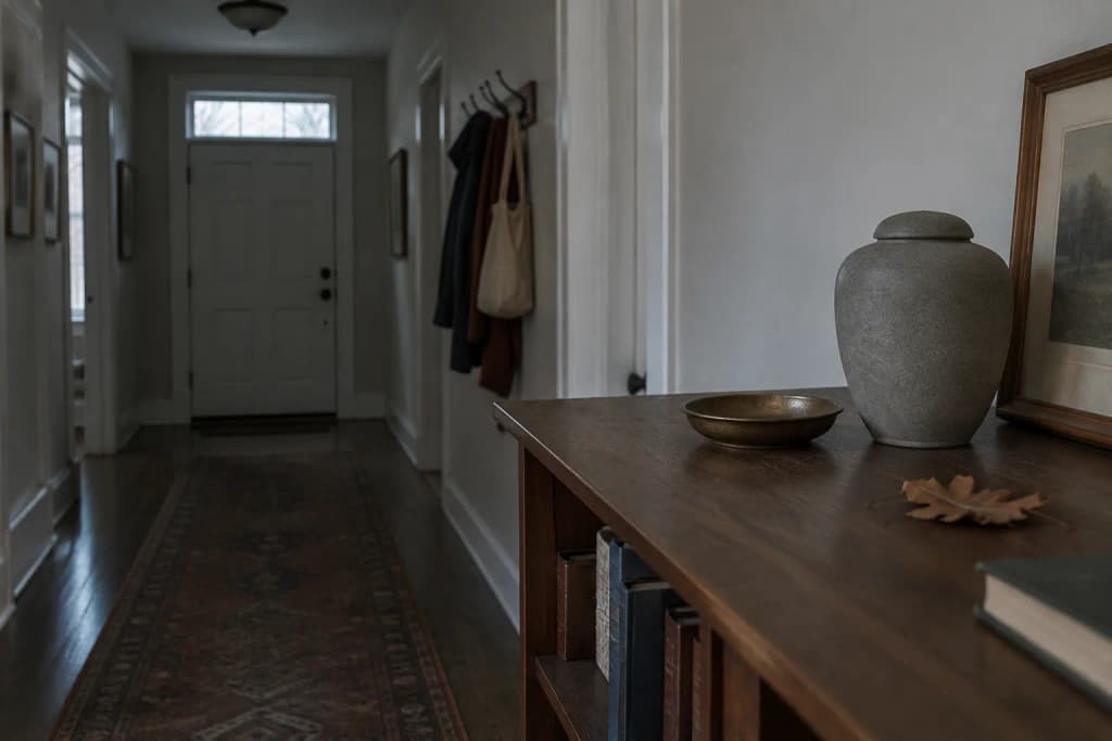 A small matte stoneware urn on a dark walnut hall shelf beside a brass tray and one dried oak leaf.