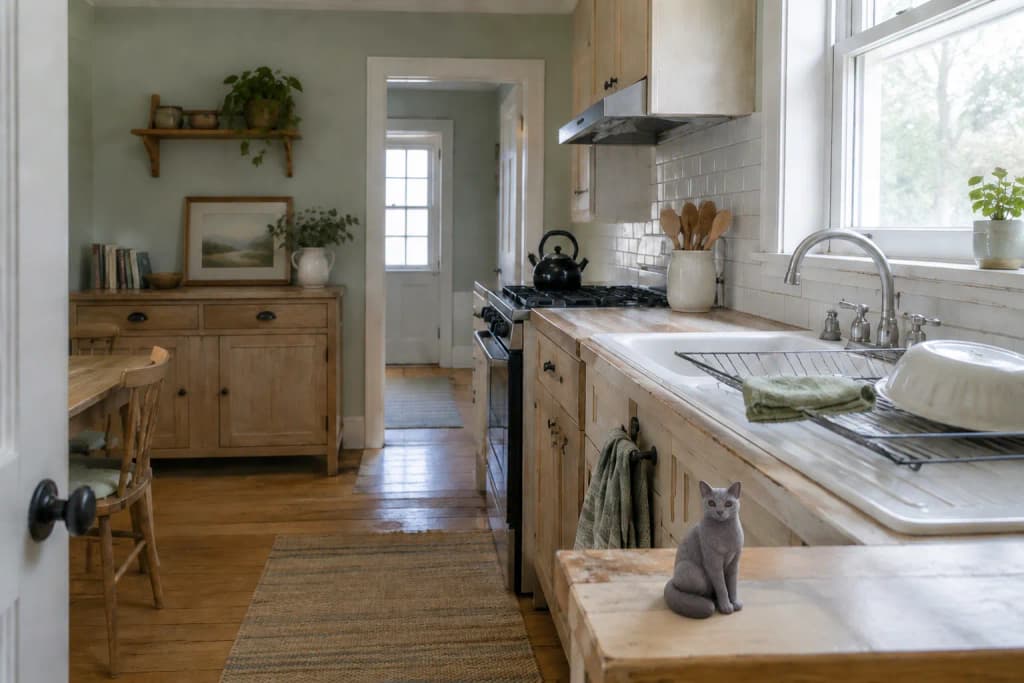 A small Russian Blue cat figurine on a kitchen windowsill, a wide view of the sink and pale pine cabinets.