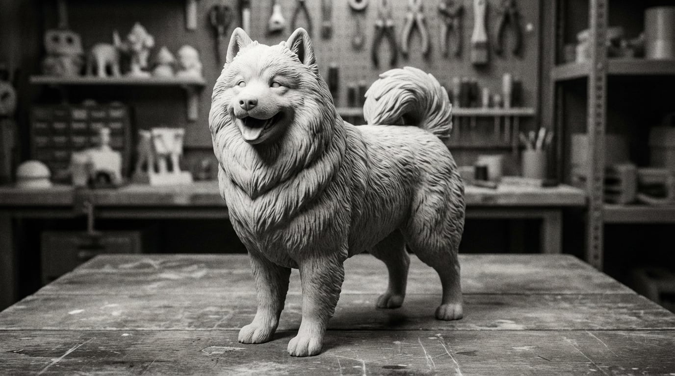 Black and white photo of Samoyed figurine highlighting shadows