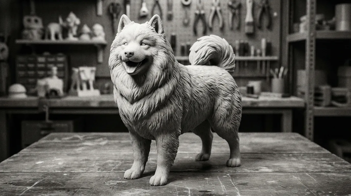 Black and white photo of Samoyed figurine highlighting shadows