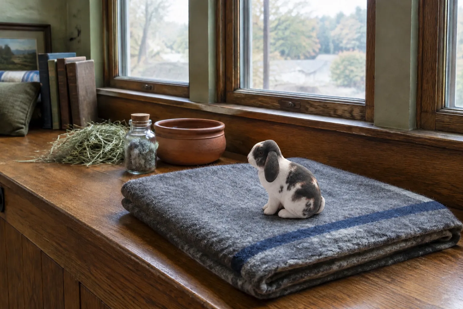 Holland Lop rabbit figurine on a folded grey wool blanket on an oak window seat beside a glass jar of loose fur