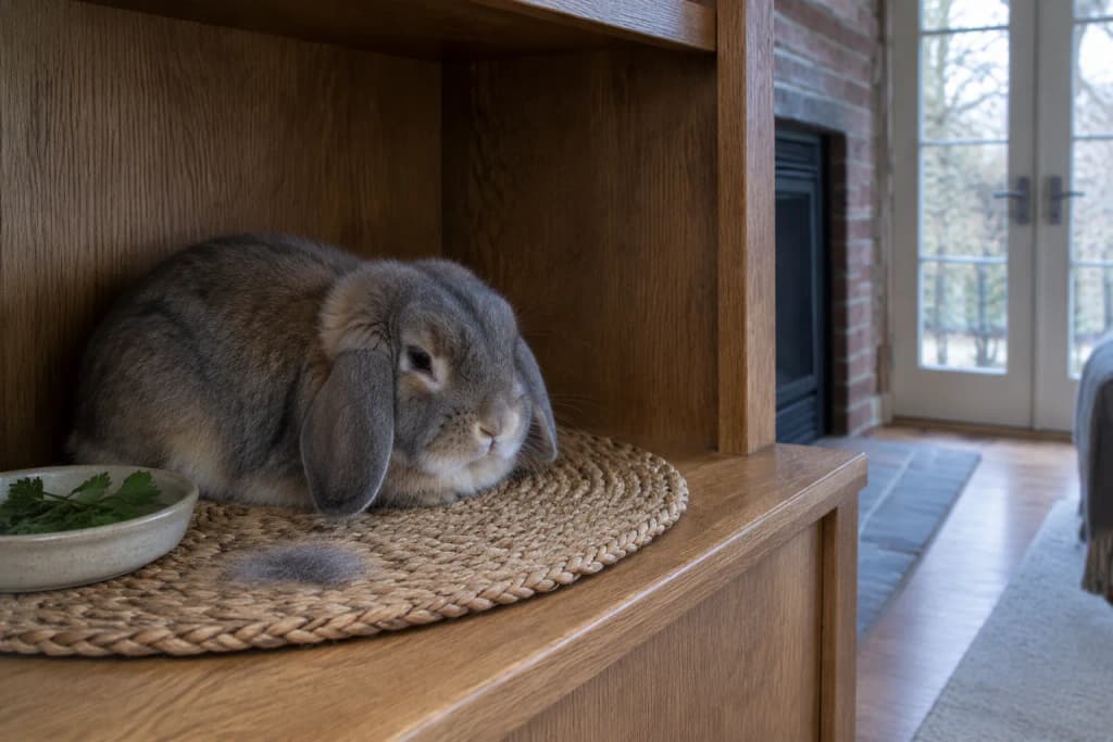 A senior blue-grey Holland Lop rabbit asleep in a loaf on a seagrass mat on the low shelf of an oak cabinet