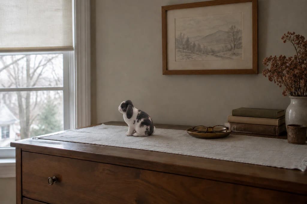 A bedroom with a walnut dresser by a shaded window, a small Holland Lop rabbit figurine on top beside a jar of fur