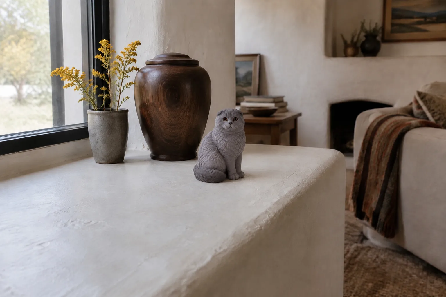 Silver tabby Scottish Fold cat figurine beside a walnut urn and a leather collar on a deep white plaster window sill