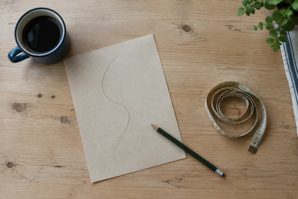 Overhead view of a pine table with a blank two-column sheet of paper, a pencil, a cloth tape measure and a blue enamel mug