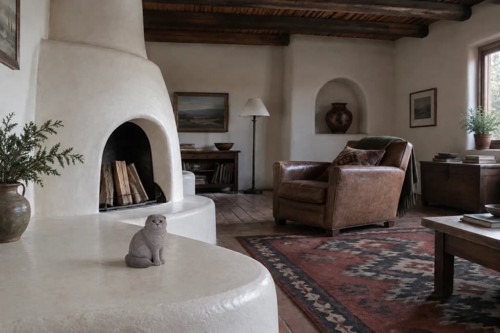 Adobe living room with a corner kiva fireplace, a small silver tabby Scottish Fold cat figurine on the bench, and an urn in a nicho