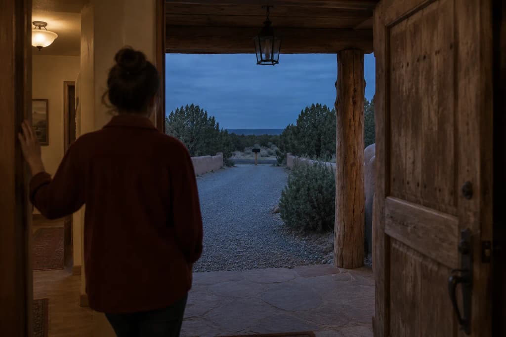 Person seen from behind in an open front doorway at dusk, looking down a gravel drive toward a plain black mailbox