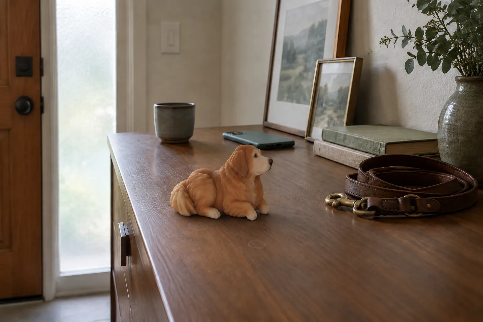 Golden Retriever figurine lying with chin on paws on a walnut entry console beside a coiled leather leash