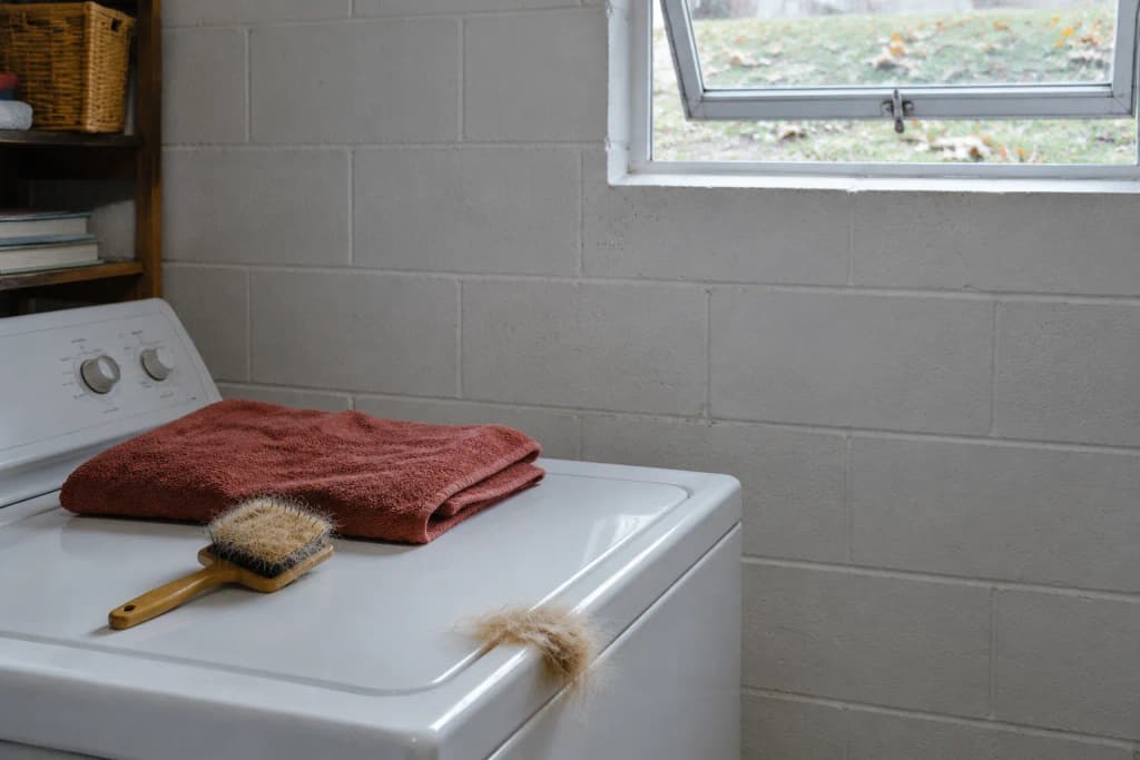 Slicker brush full of golden fur and a folded towel on a white washer lid in a basement laundry room