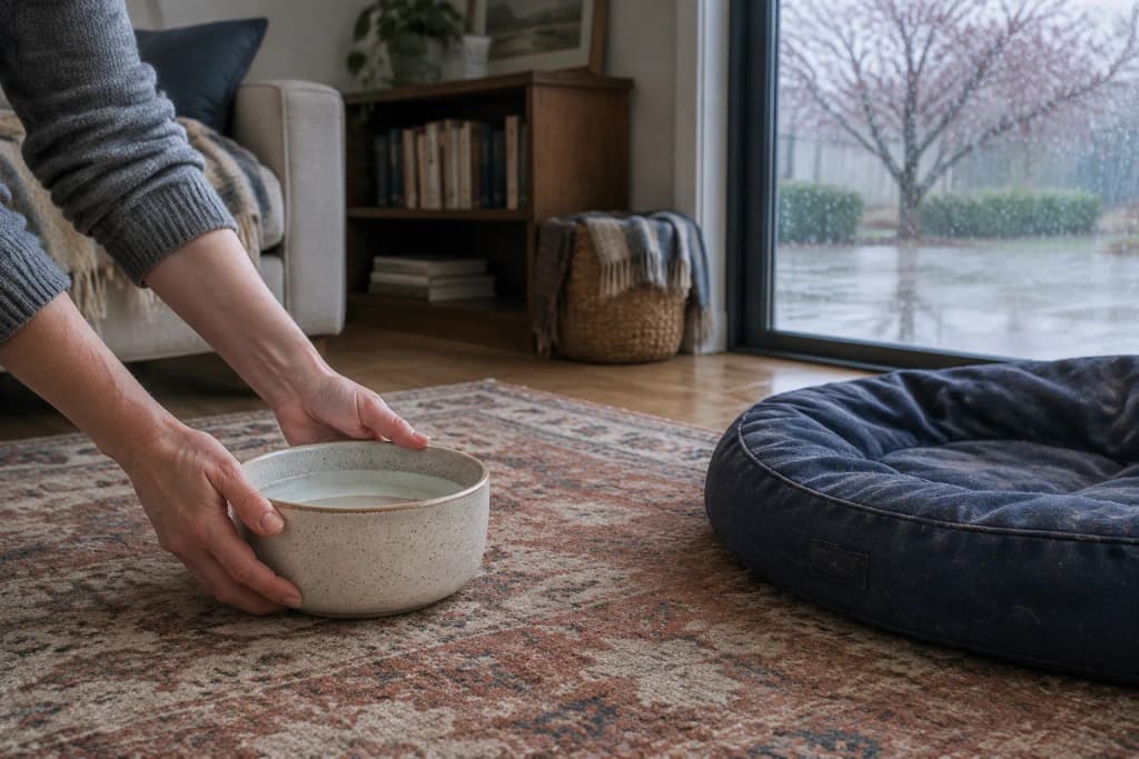 Hands setting a stoneware water bowl on a worn wool rug beside an empty dog bed by a sliding glass door
