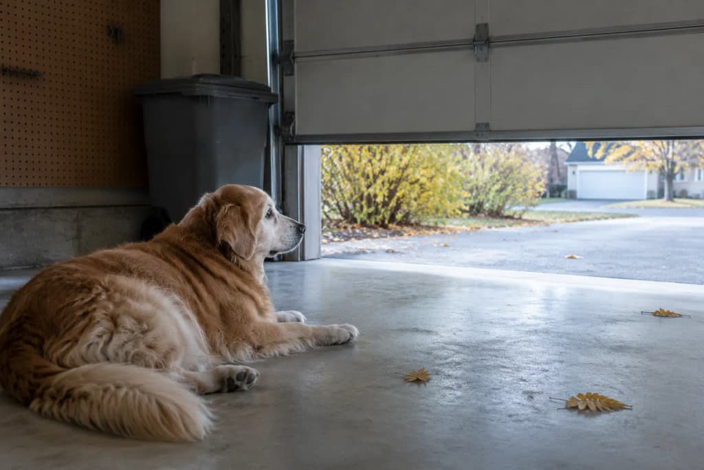 Senior Golden Retriever with a white muzzle lifting his head on a garage floor as the door rolls up in the morning