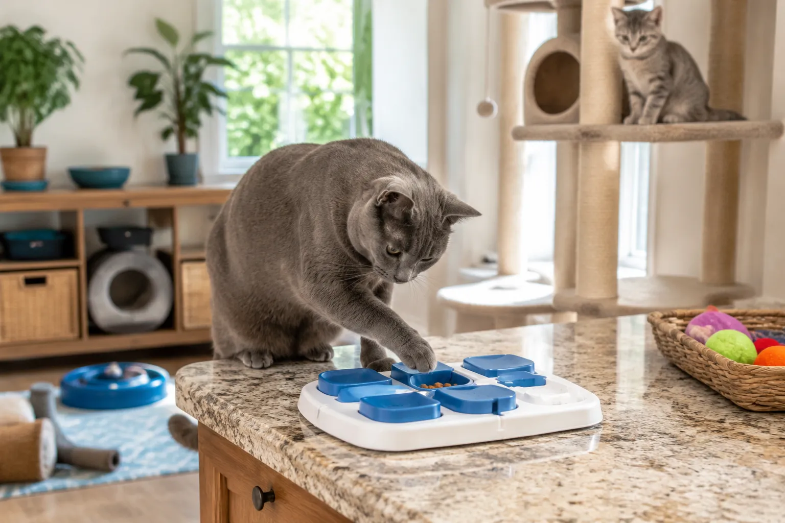 Senior Russian Blue cat using a puzzle feeder on a kitchen counter while a younger cat watches from a cat tree in a bright home