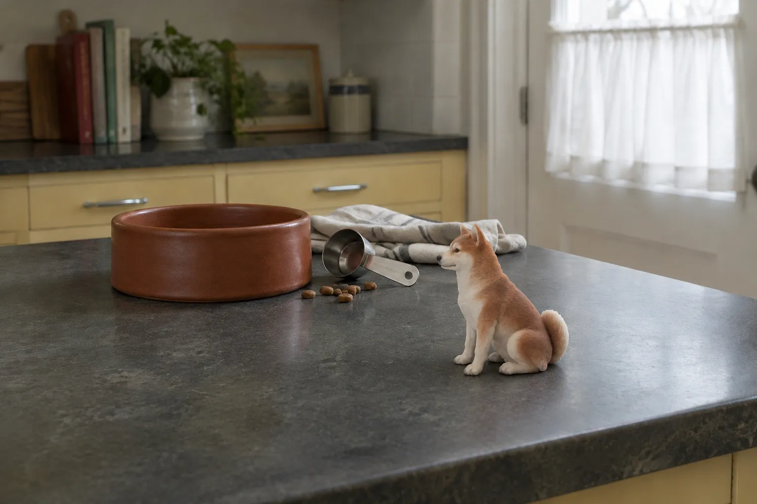 Red and cream senior Shiba Inu figurine on a soapstone counter beside an empty stoneware bowl and a steel scoop