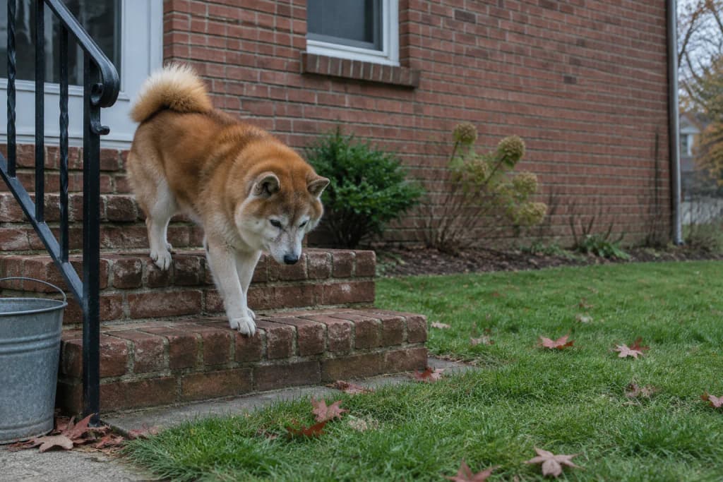 A senior red Shiba Inu with a greying muzzle steps down brick back stairs onto a lawn of fallen maple leaves