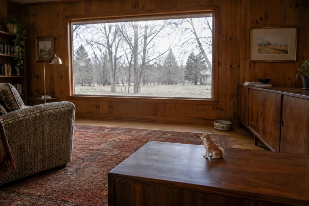 Knotty pine den with a red and cream Shiba Inu figurine on a walnut credenza beneath a wide picture window