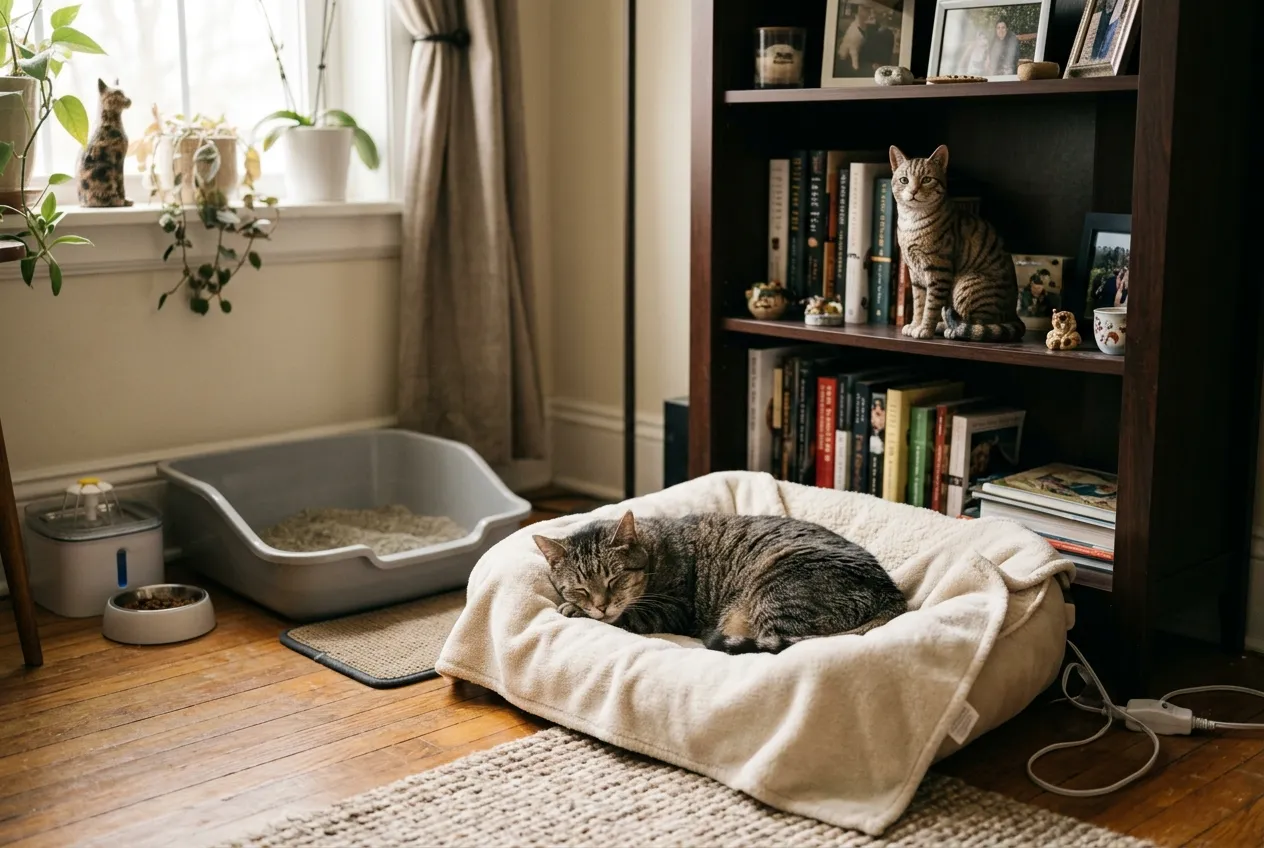 Senior cat comfort setup with heated bed and a full-color 3D printed Tabby Cat figurine on bookshelf, real senior Tabby sleeping