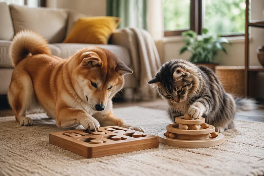 Shiba Inu playing peacefully with another pet