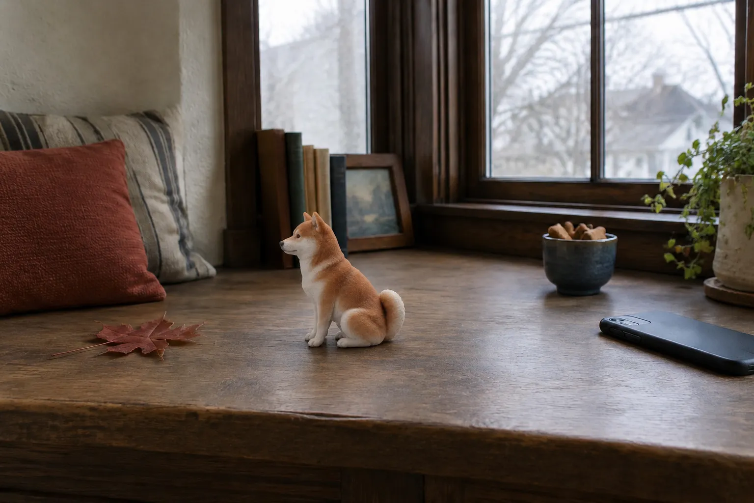 Shiba Inu figurine in red and cream sitting on an oak window seat beside a face-down phone and a dried oak leaf