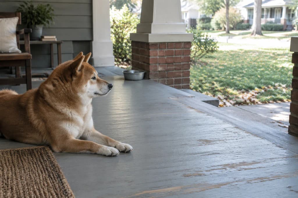 Red Shiba Inu with a pale muzzle lying on a shaded porch floor, a bright leaf-strewn lawn beyond the steps