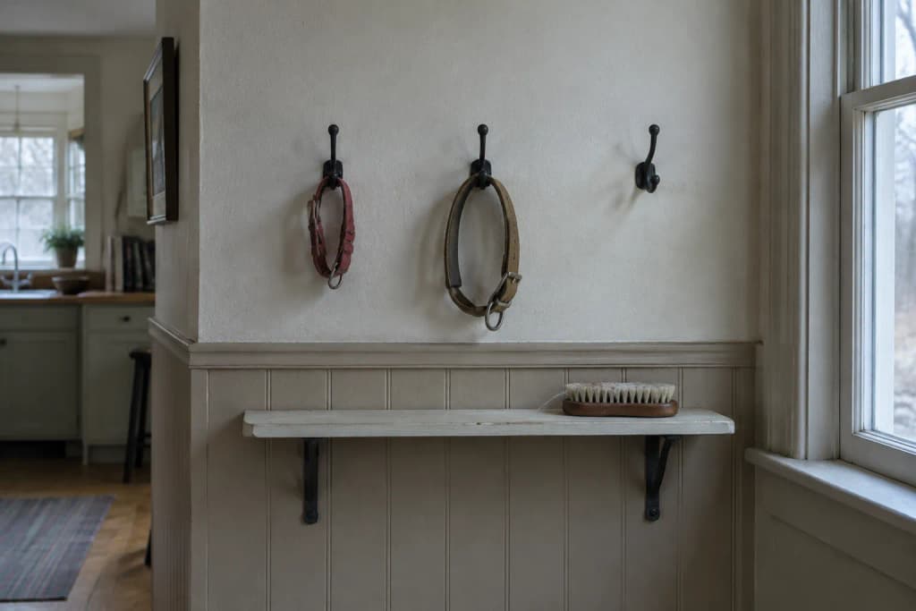 Two leather collars, one small and faded, hang from iron hooks above a wooden brush on a hallway shelf at dawn