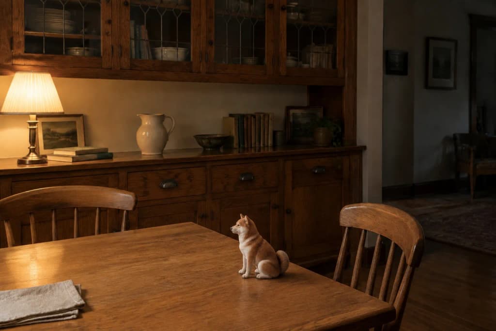 Lamplit Craftsman dining room with a Shiba Inu figurine on the oak built-in buffet beside a stoneware water jug