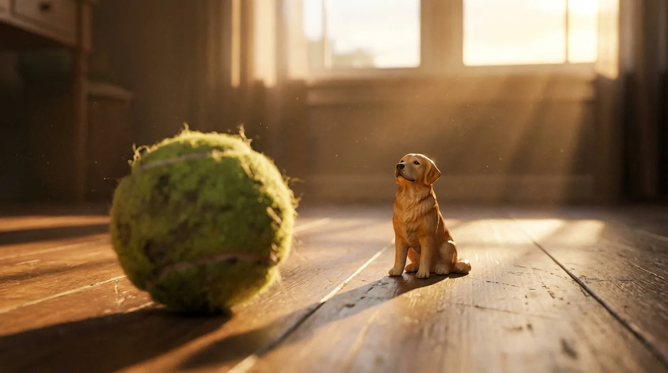 A tiny Golden Retriever figurine sits on a floor looking at an old tennis ball in sunset light.