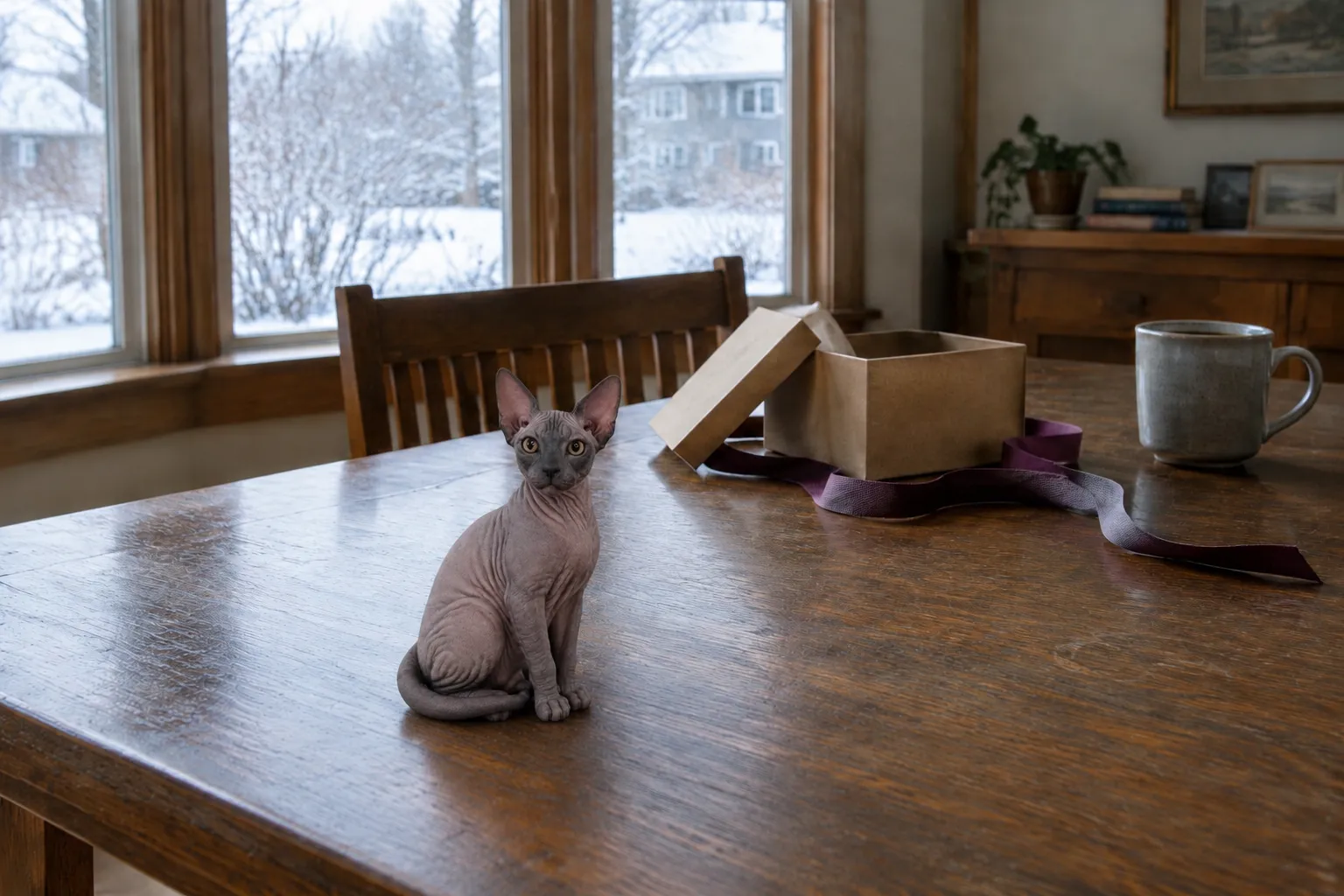 Sphynx cat figurine with ears up and paws together on an oak dining table beside an opened kraft gift box