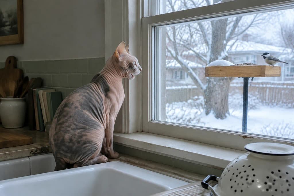 Senior Sphynx cat sitting on a kitchen windowsill, ears up, watching a chickadee at a feeder in a snowy yard