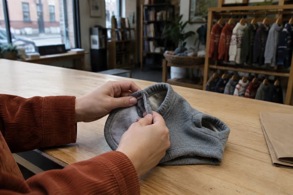 Hands turning a small grey fleece cat sweater inside out on a worn maple shop counter to check its seams