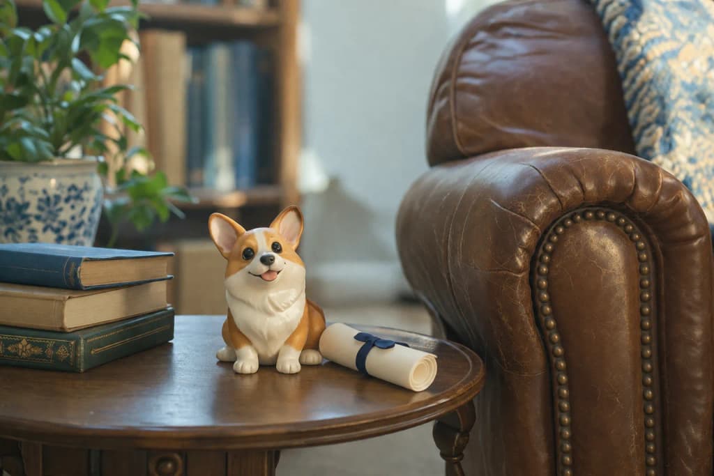 Corgi figurine sitting beside a rolled graduation diploma — in-article view