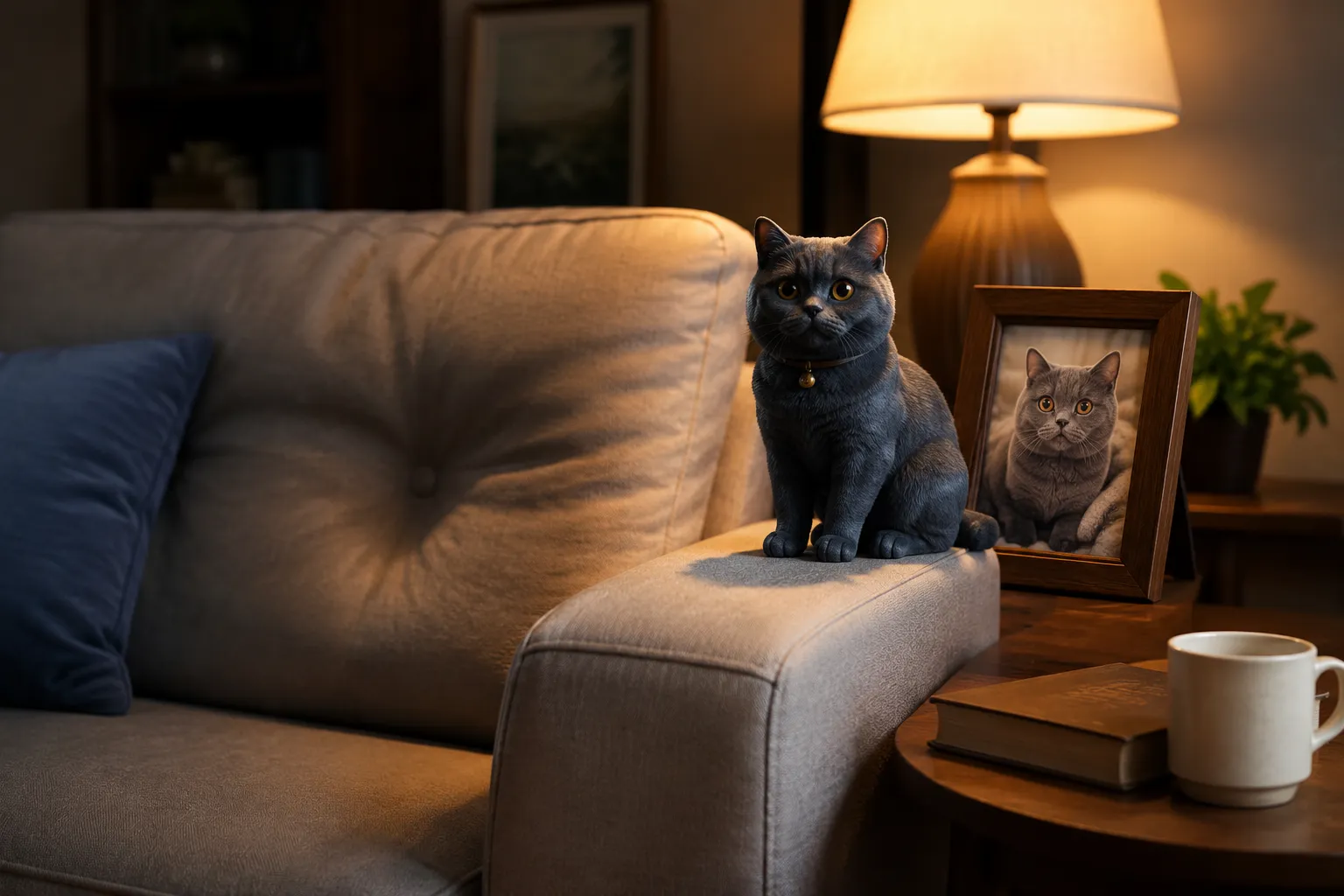 A favorite couch spot with a British Shorthair's full-color resin figurine on the armrest in warm evening light
