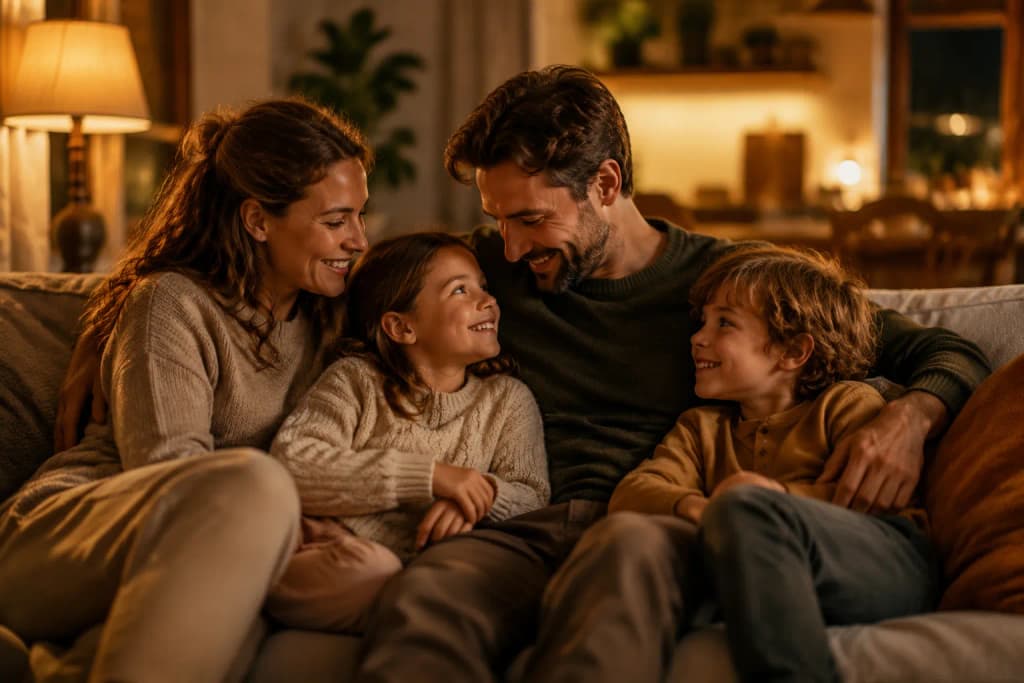 A family gathered on a cozy couch in warm evening light sharing a quiet tender moment close together
