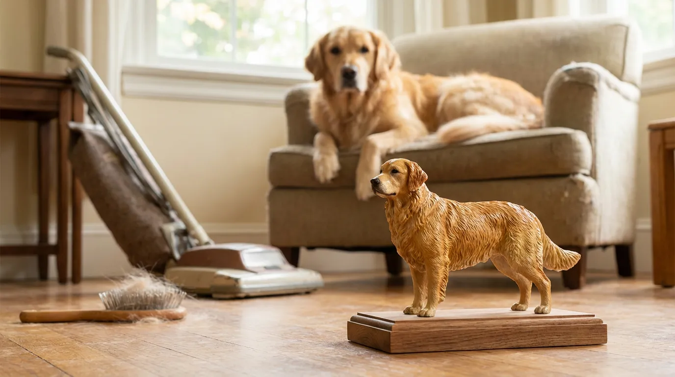 A Golden Retriever sitting near a grooming brush with a figurine of itself on the floor.