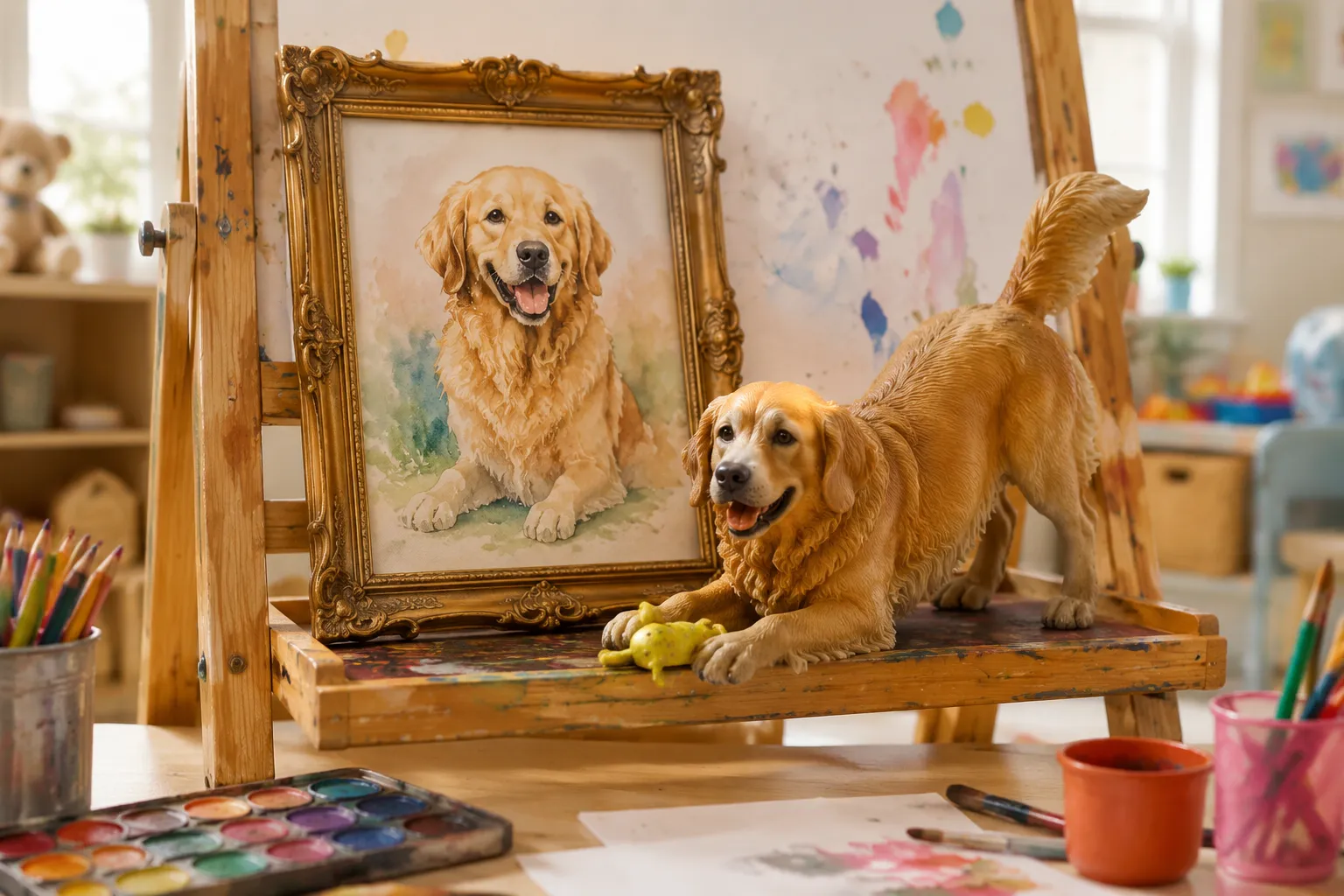 Full-color 3D printed resin Golden Retriever figurine with toy on a child's easel beside a Renaissance-style watercolor of the dog