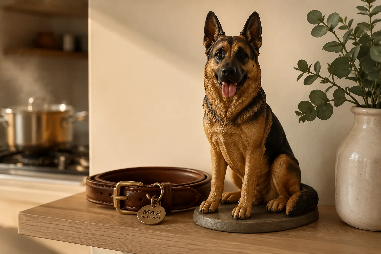 German Shepherd's collar coiled beside its full-color resin figurine on a warmly lit kitchen shelf