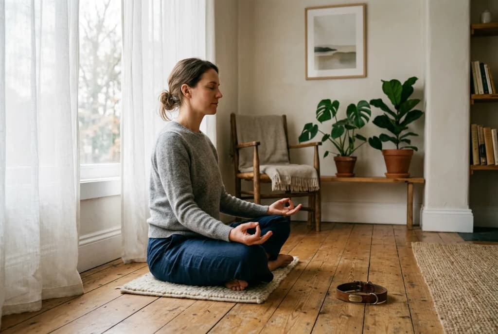 Person meditating peacefully on wooden floor with dog collar nearby in soft natural light