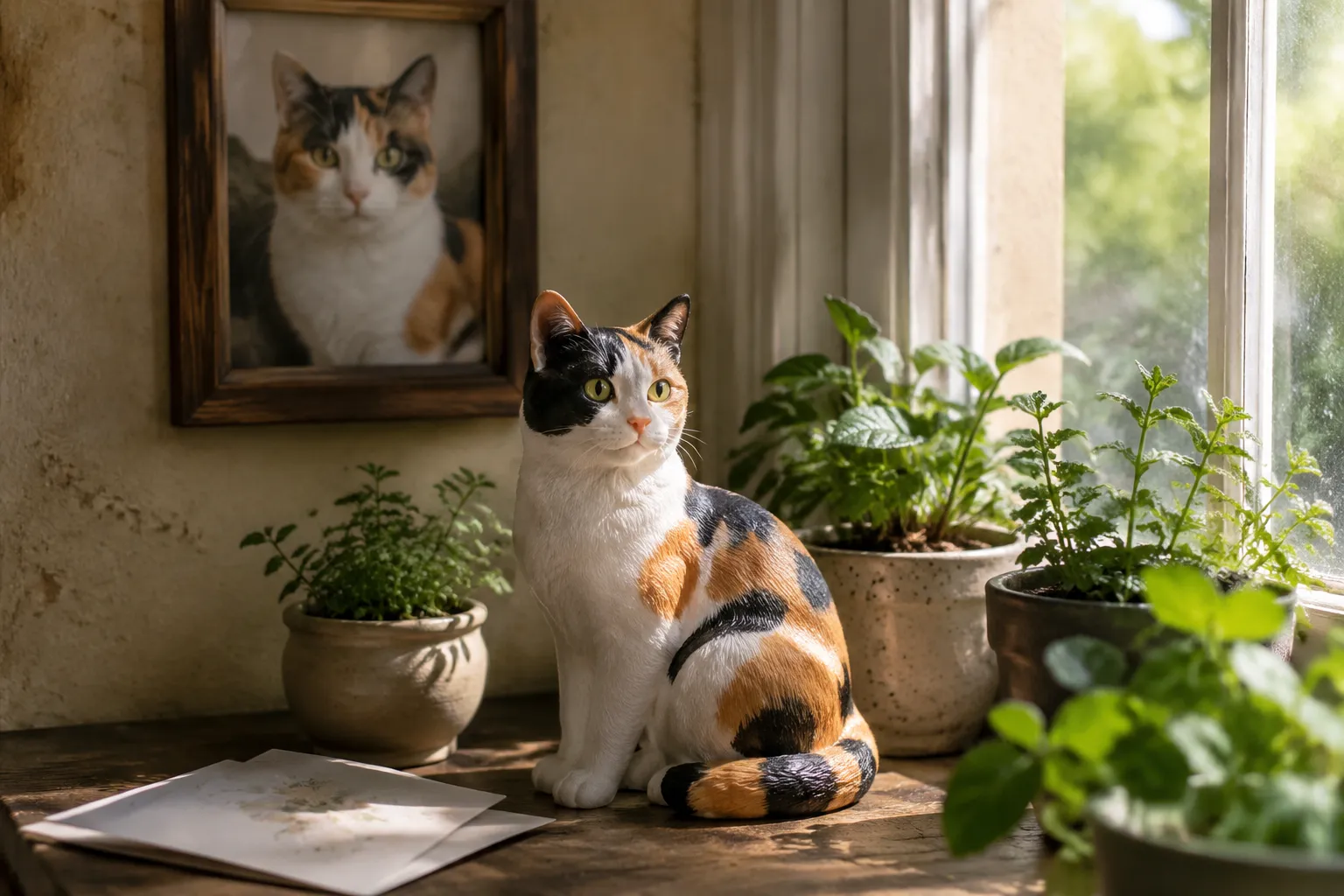 Full-color 3D printed resin Calico cat figurine on a windowsill herb garden with afternoon light and a framed cat photo on the wall