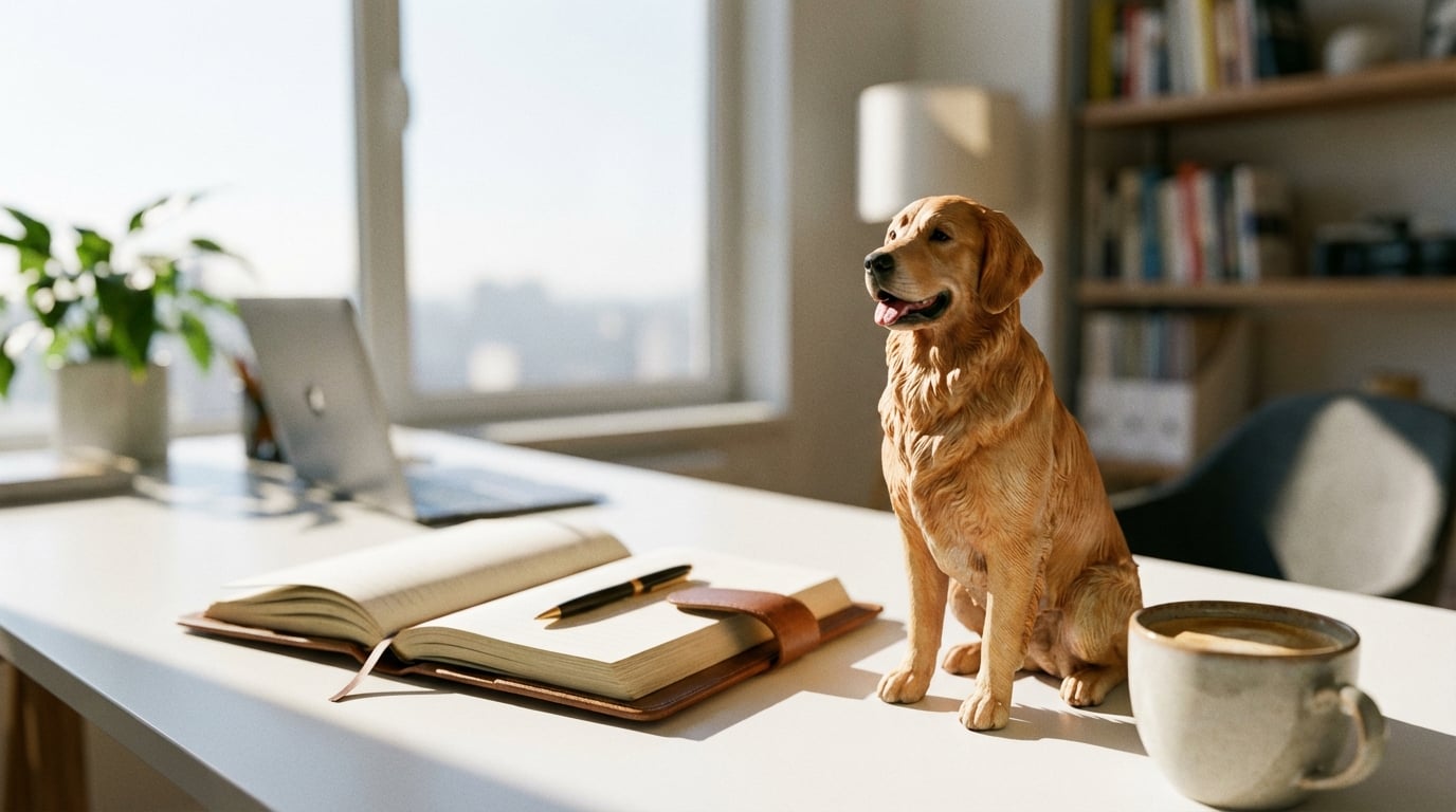 3D printed Golden Retriever figurine on a desk symbolizing integrated grief.