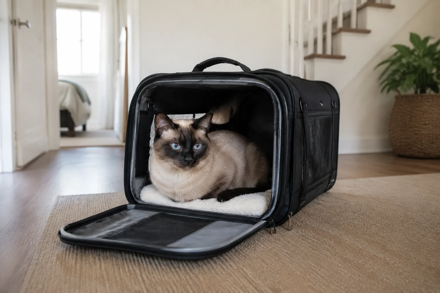 Calm Siamese cat sitting comfortably inside an open carrier in a bright home hallway before a vet visit