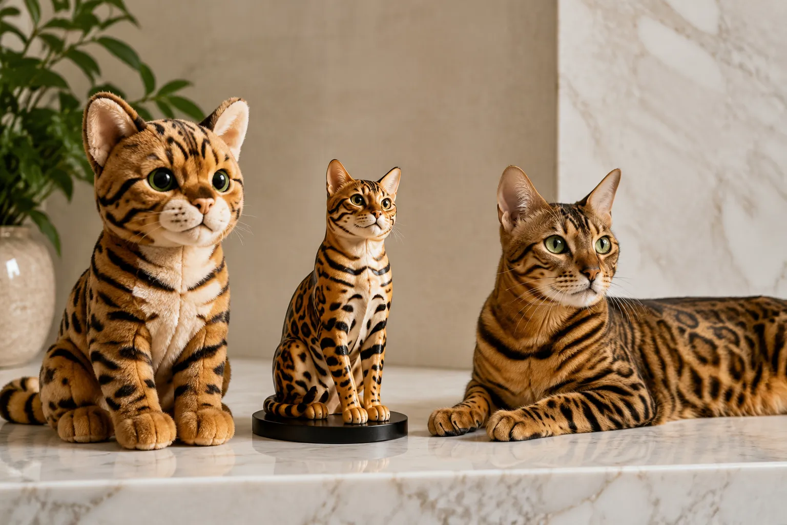 Side-by-side comparison on a marble shelf of a plush stuffed Bengal cat replica and a full-color 3D printed resin figurine with the real Bengal cat lounging nearby