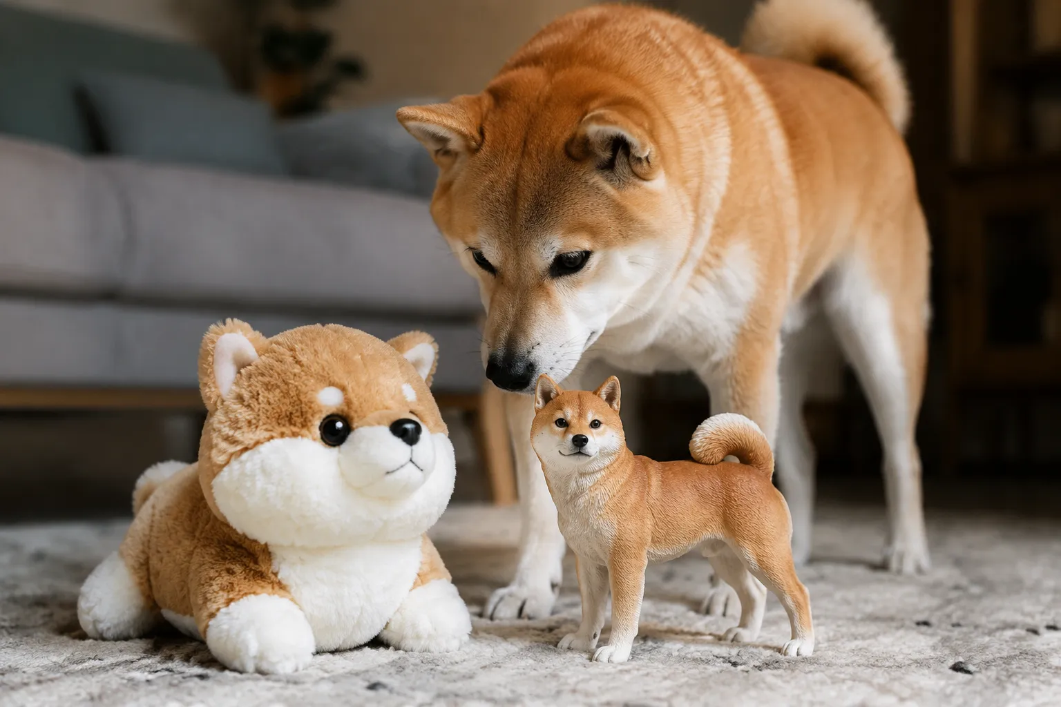 A real Shiba Inu inspecting a plush replica and its detailed full-color resin figurine on a cozy rug