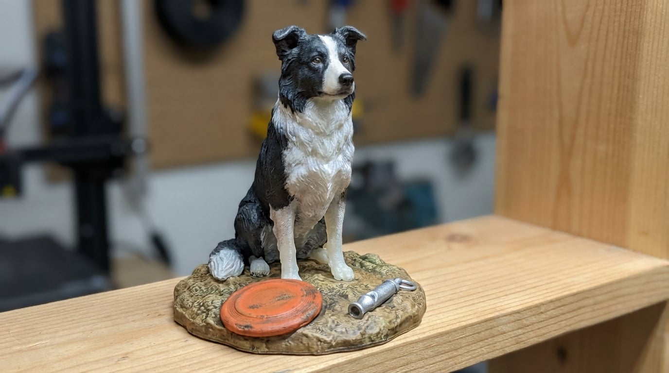 Border Collie figurine with frisbee and whistle on base
