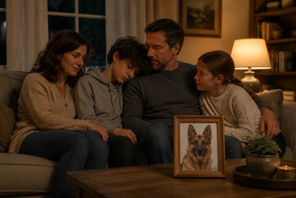 Family sitting together on a couch in quiet grief, a framed German Shepherd photo on the coffee table in soft lamplight
