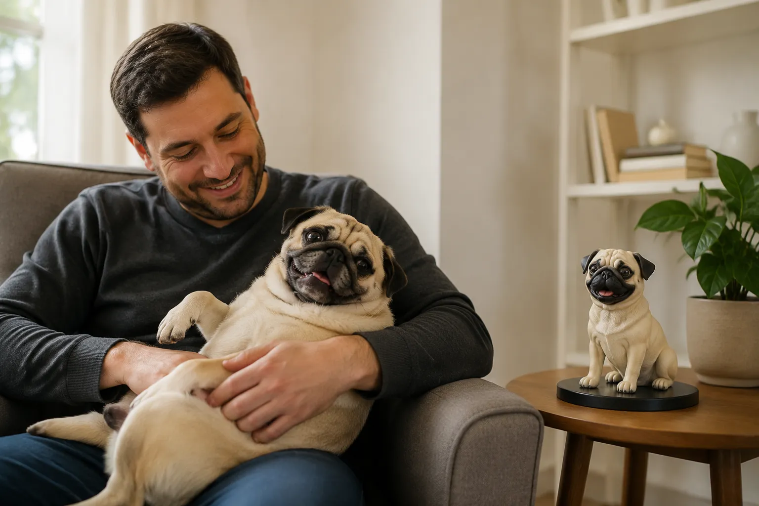 Pug curled on a man's lap in a softly lit living room with its full-color resin figurine on the side table