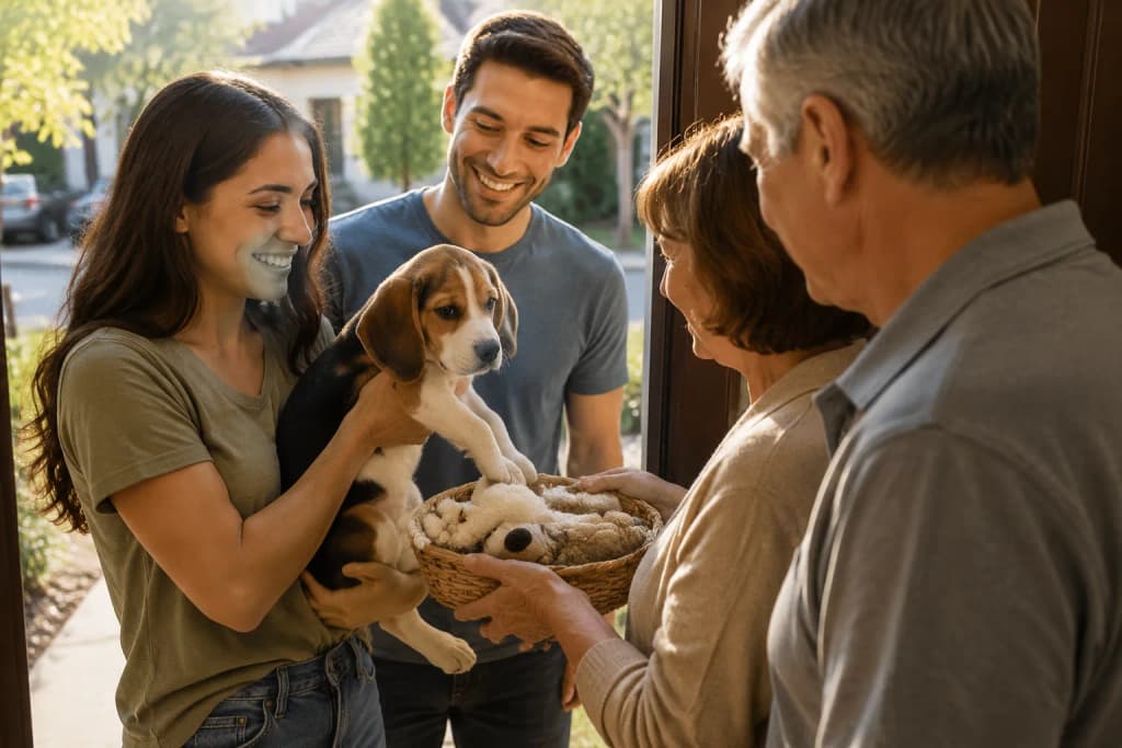 Neighbors welcoming a newly adopted Beagle puppy on a sunny doorstep with a small gift basket