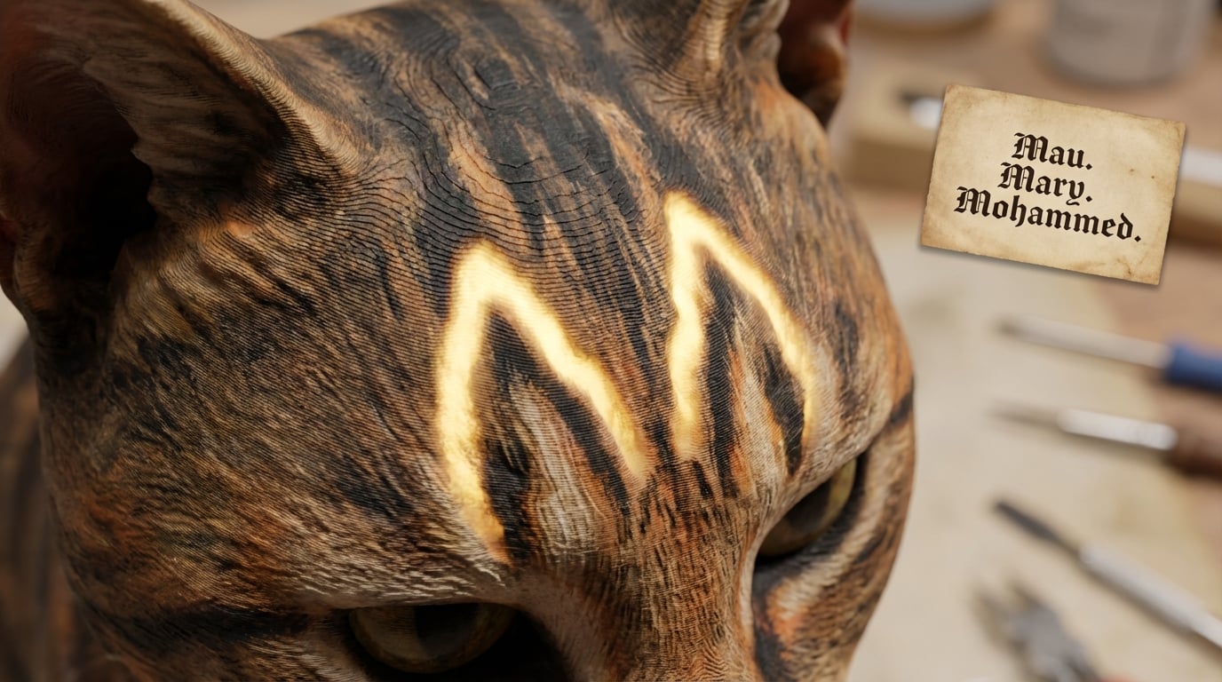 Close up of Tabby cat figurine forehead with M marking