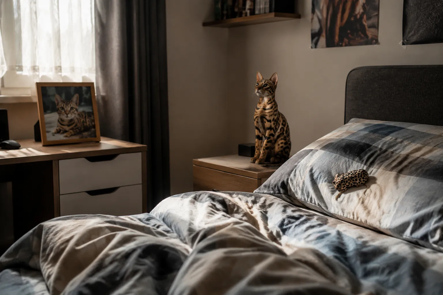 Teenager's bedroom with Bengal cat toy on pilow, full-color 3D printed resin Bengal figurine on nightstand, and framed cat photo on desk
