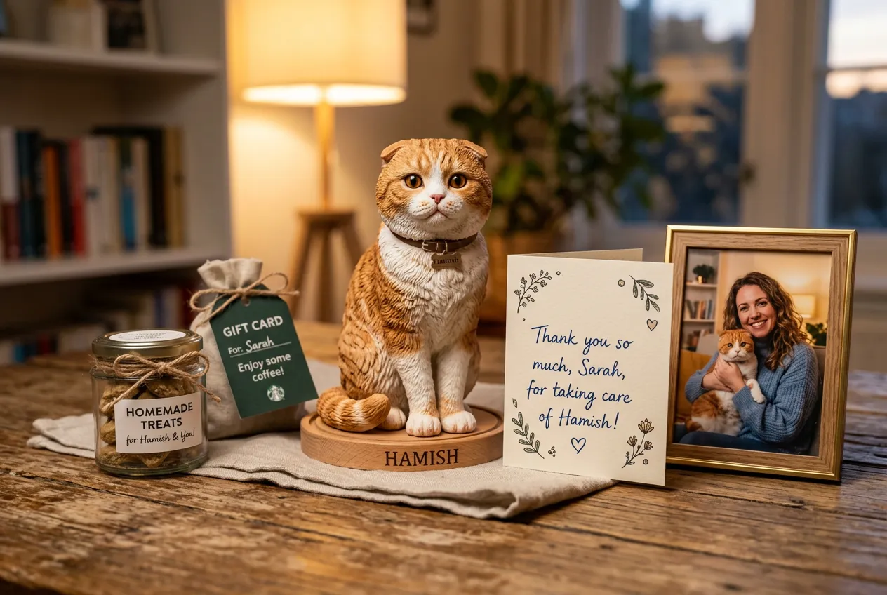 Scottish Fold 3D figurine with thank you card, photo of sitter with real cat, and appreciation gifts