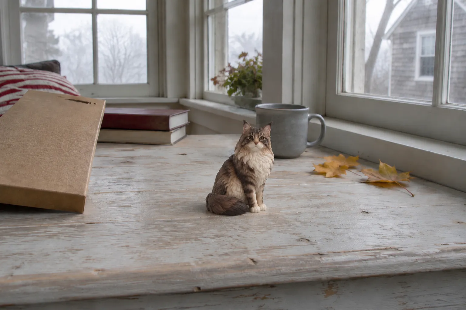 Brown tabby Maine Coon figurine on a whitewashed pine porch bench beside a kraft box lid and a grey stoneware mug