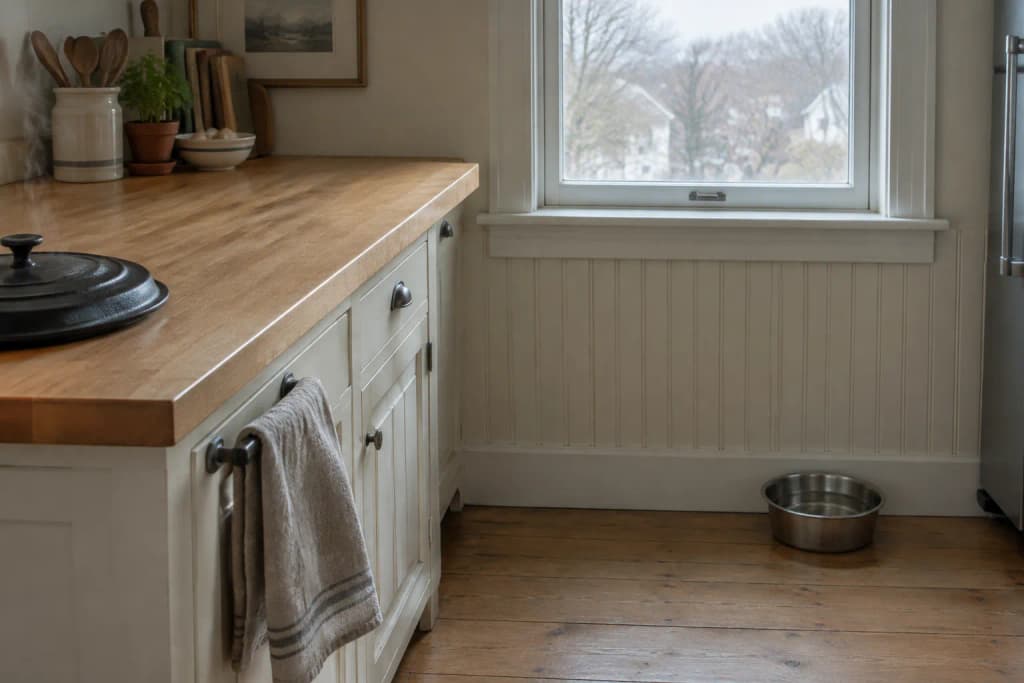 Empty end of a maple butcher-block kitchen counter by a window, a steel water bowl on the pine floor below it